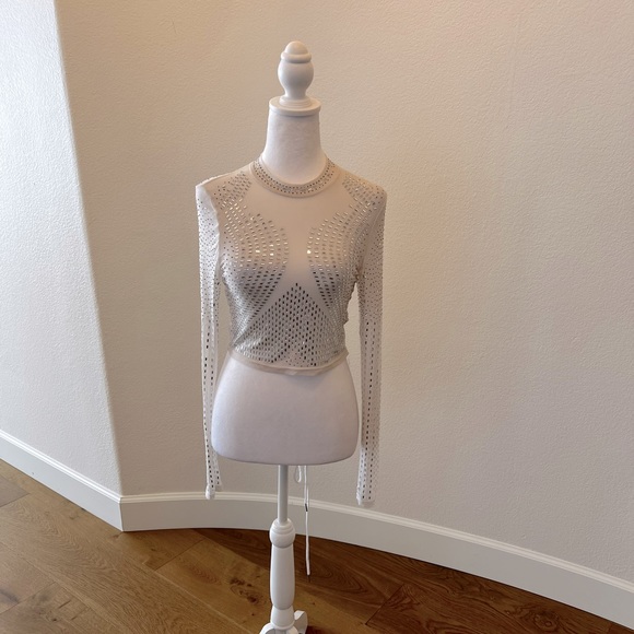 Fashion Nova RockStar Rhinestone Mesh Sheer Crop Top in Nude - Size S - Picture 4 of 7